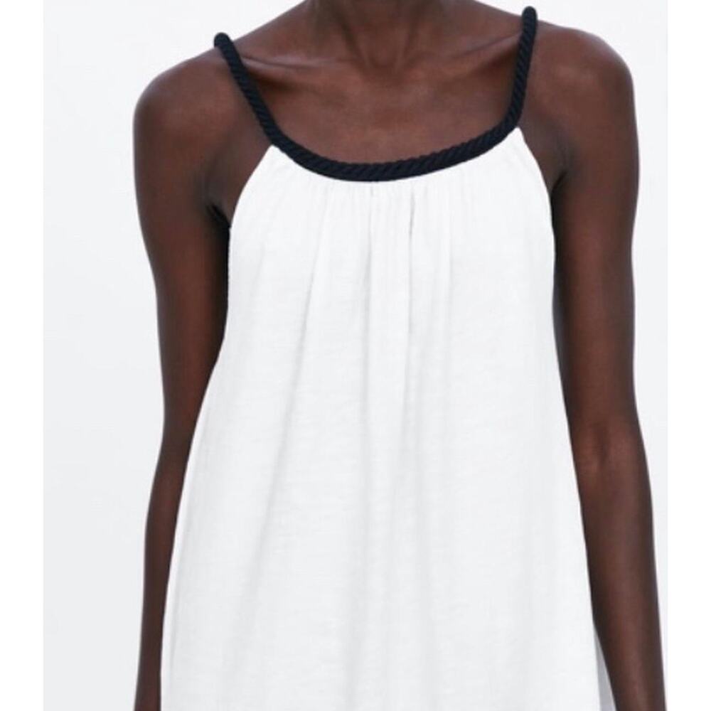 ZARA White Cotton Contrast Navy Trim Halter Flowing Maxi Dress Medium